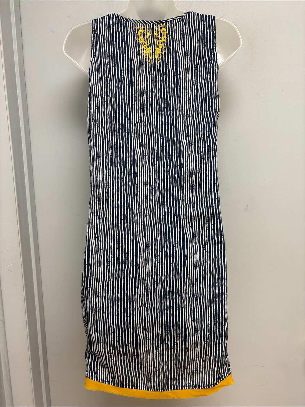 THML Embroidered Striped Shift Dress Navy & White with Mustard Embroidery Medium - Picture 5 of 12
